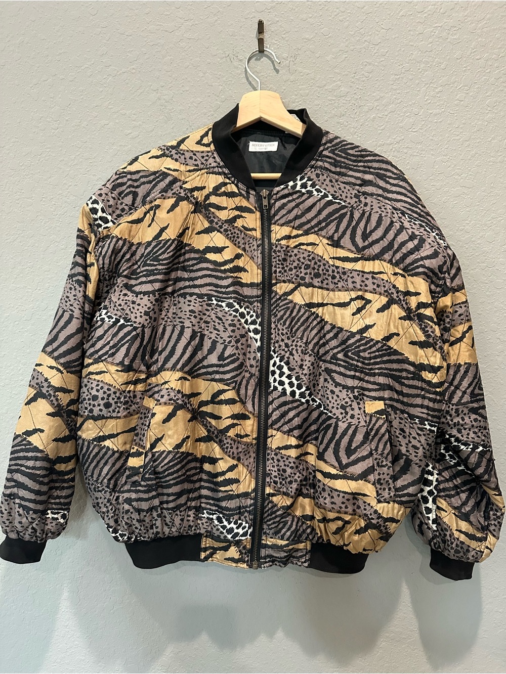 VTG Robert Stock Womens MultiColor Animal Print Silk Full Zip Jacket Sz M